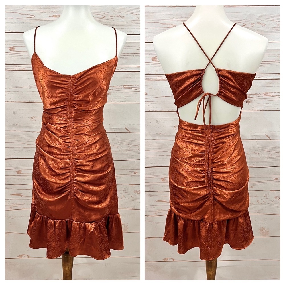 Astr Cinched Open Back Satin Copper Rust Floral R… - image 2